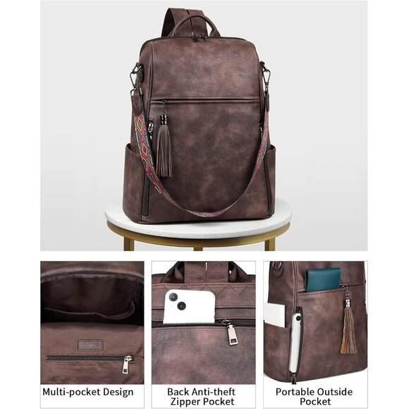 Women Coffee Brown Retro Style Backpack Designer 15.6 inch PU Leather Laptop Bag - Picture 5 of 10